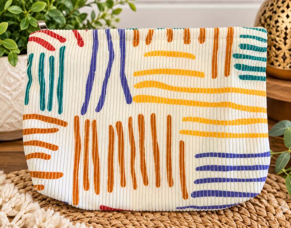 A Gogo Original Corduroy Makeup Bag Abstract Striped Print 10.5" x 7.5"